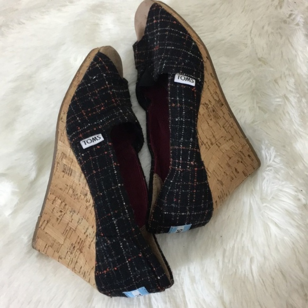 Toms Black & Multi Cork Peep Toe Wedges, size 7